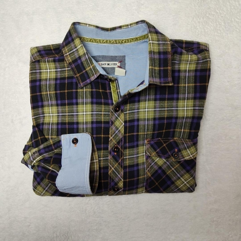 32 Bar Blues Shirt Mens Medium Multicolor Plaid Long Sleeve Button Up Casual